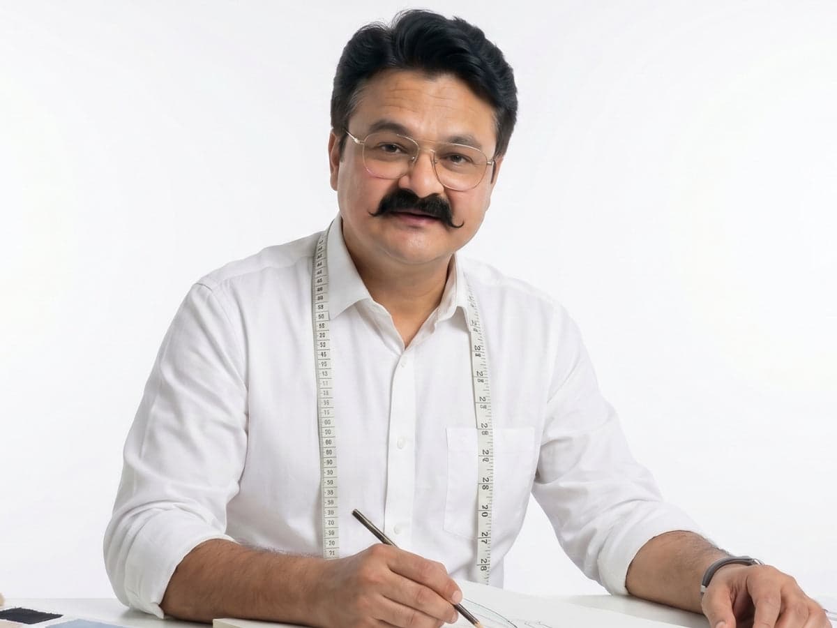 Suman Bharti at a work table, a tape measure around his neck, marking a pattern piece.